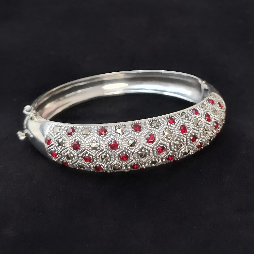 1930's Art Deco Sterling Silver Red Paste Rhinestone Marcasite Hinged Bracelet